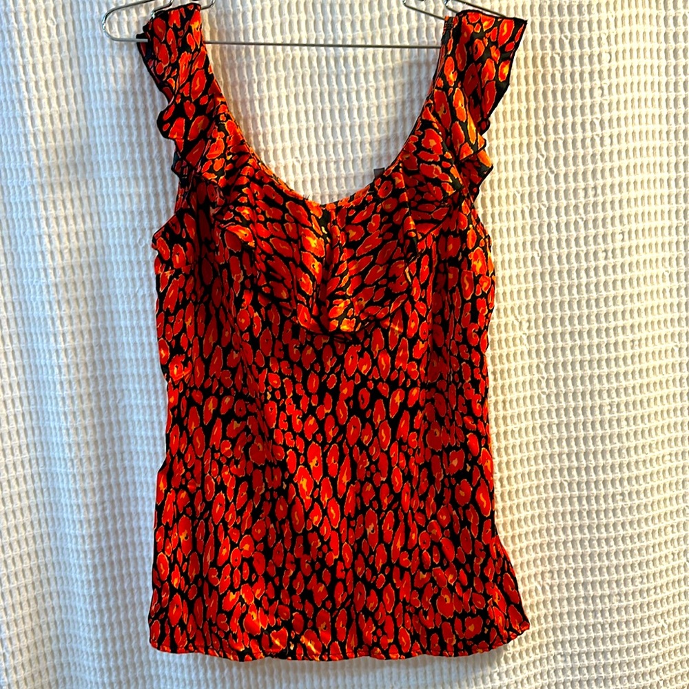 2/$15 EUC Beautiful Orange and Black Ruffle Blouse - M